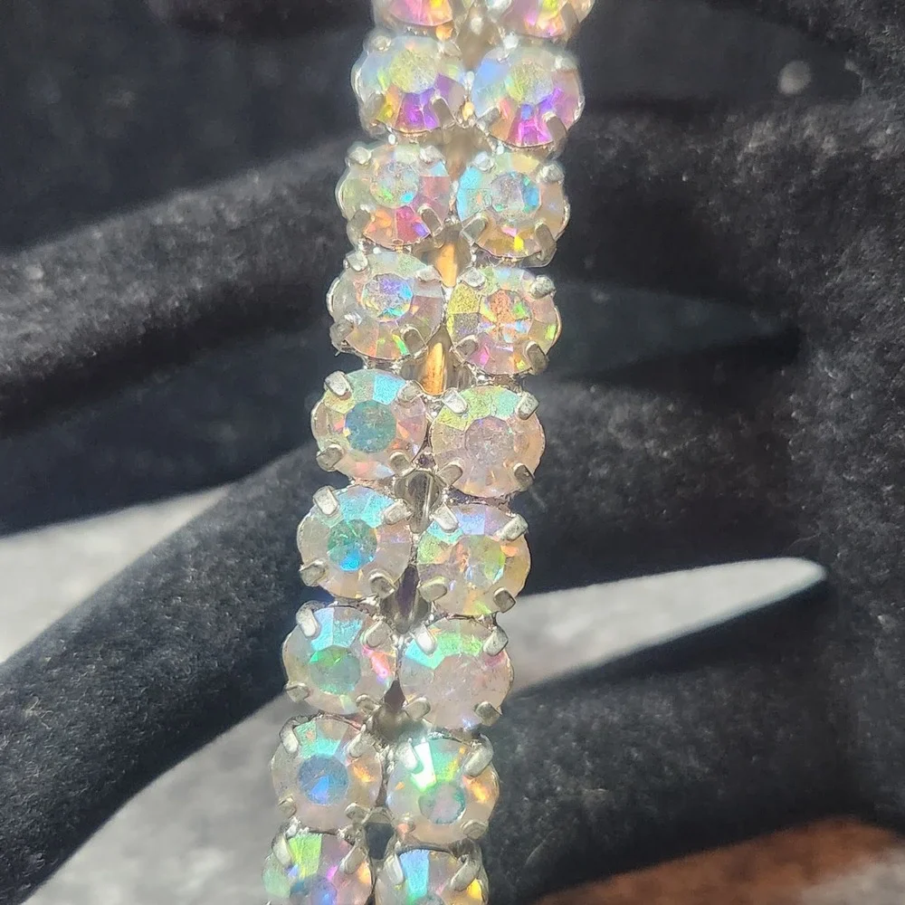 Vintage Aurora Borealis AB Rhinestone Double Row Hair Barrette Silver Tone Clip